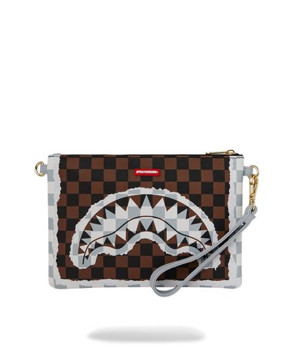 SPRAYGROUND® POUCHETTE CREAM AND BROWN TEAR CHECK CROSSOVER CLUTCH